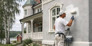 Man som börjat måla putsad fasad