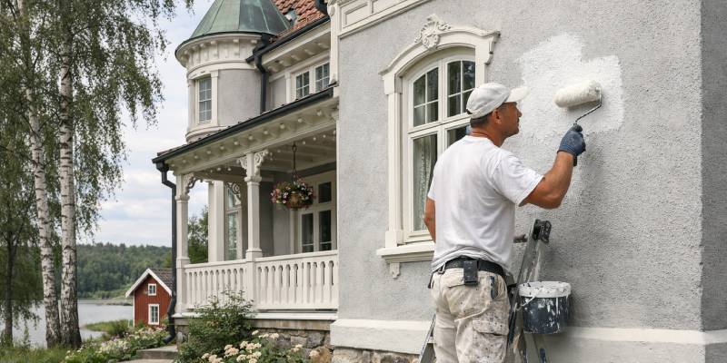 Man som börjat måla putsad fasad