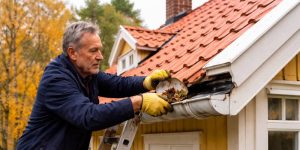 Man rensar hängrännor