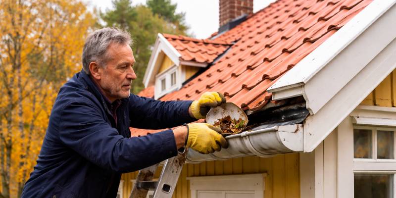 Man rensar hängrännor